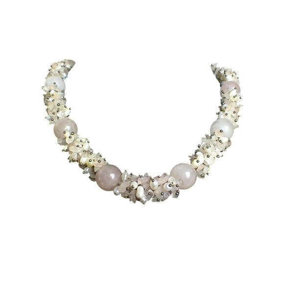 Vintage Rose Quartz & Quartz Crystal Beaded Necklace with Freshwater Pearl - Picture 4 of 7